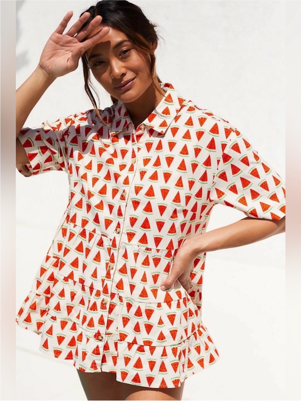 Anthropologie Porridge Faye
Tiered Tunic Blouse in Watermelon (Preloved)